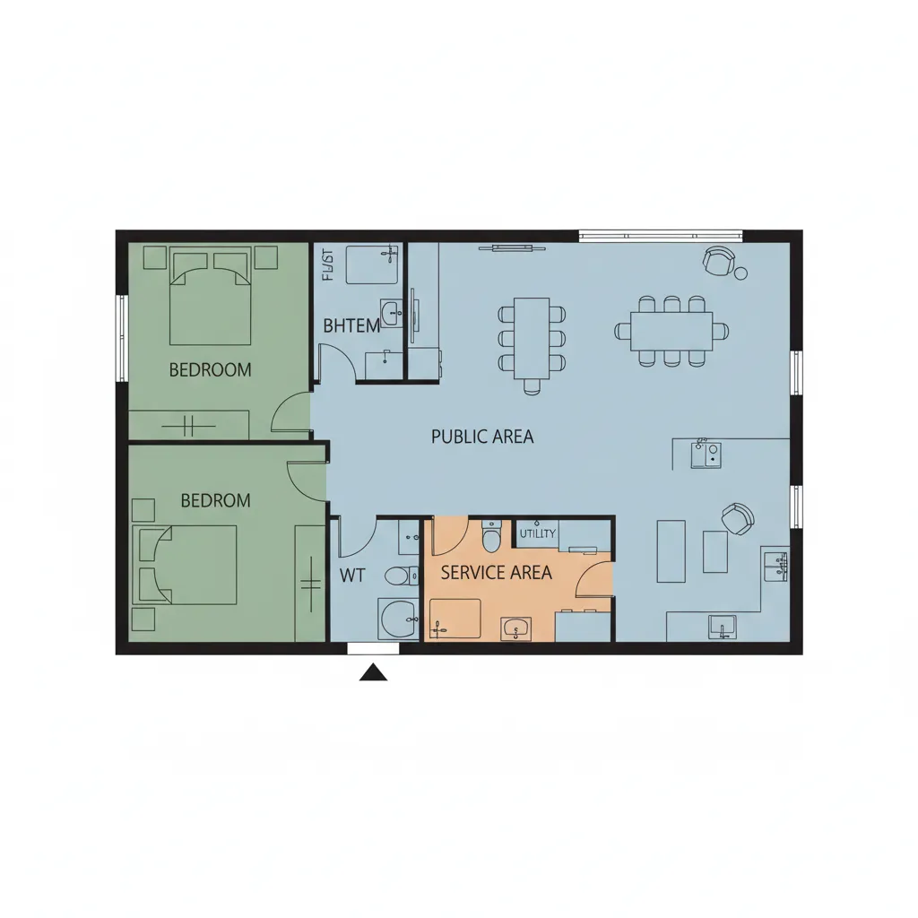 Room layout showing public area service area and two bedrooms in a simple floor plan