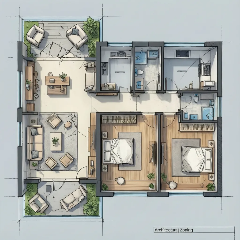 Colorful interior design drawing showing a house layout with bedrooms living room kitchen and patio