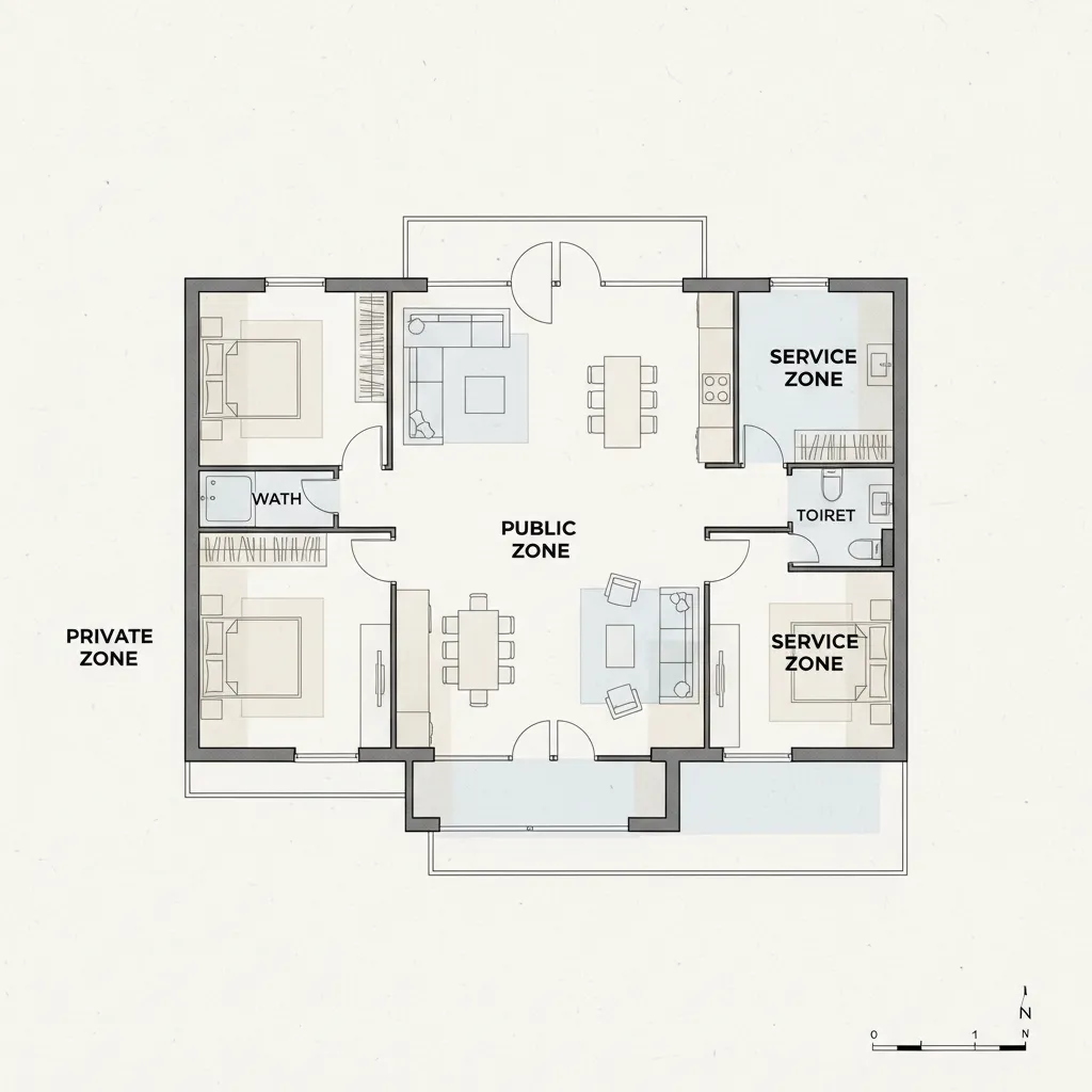 Diagram pembagian zona rumah 120 meter