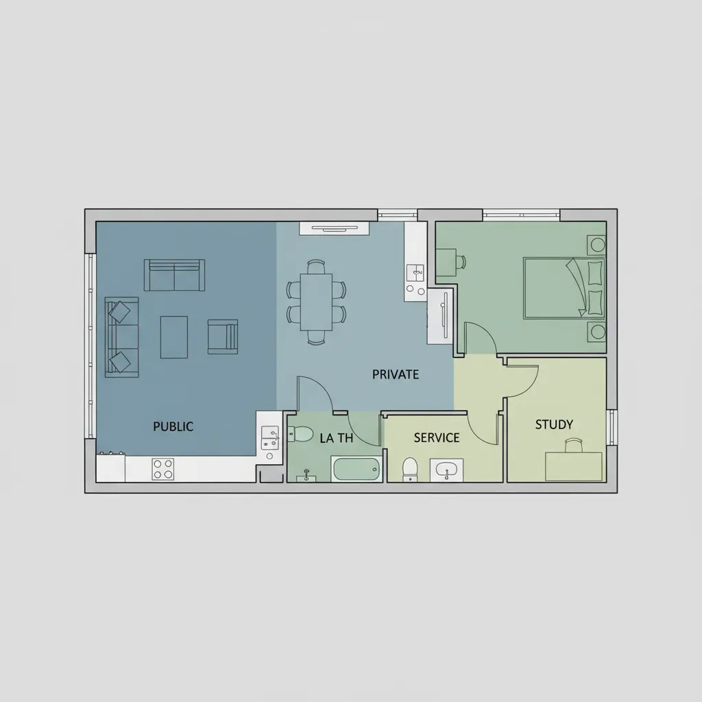 Ilustrasi zonasi ruang pada denah rumah 12x20
