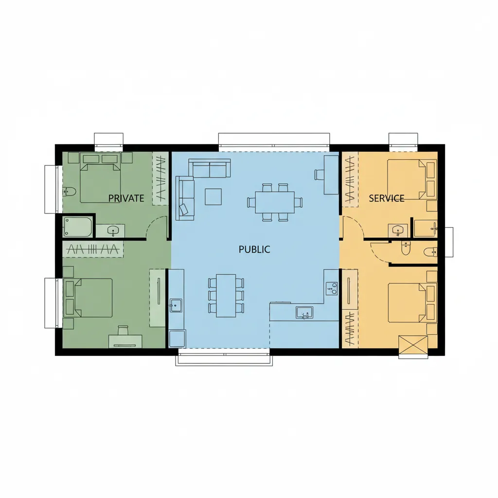 Pembagian zona rumah 150m2 menjadi publik privat dan servis