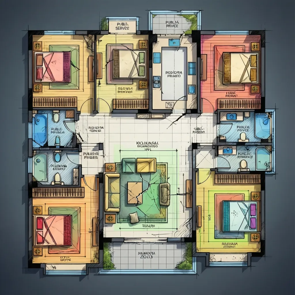Diagram zoning ruang pada denah rumah 15 x 15