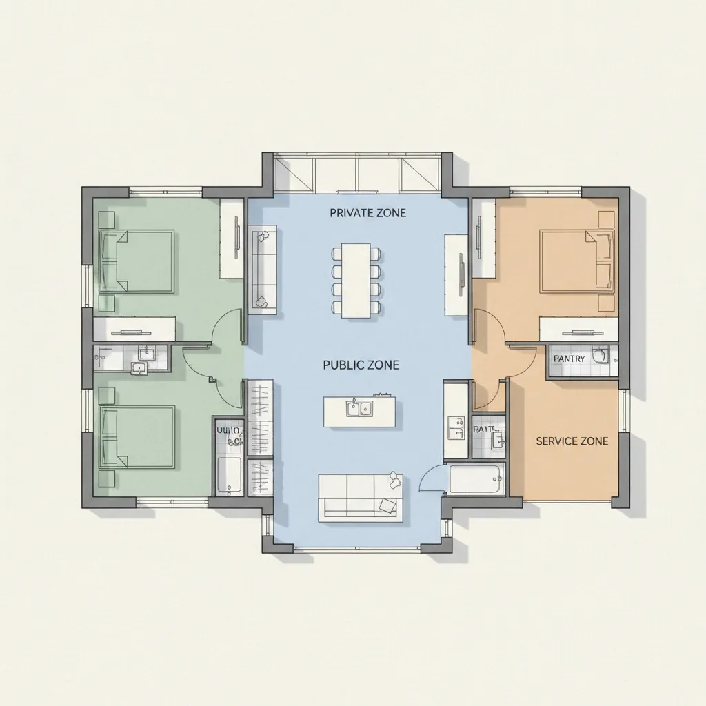Diagram pembagian zona rumah antara ruang publik dan privat