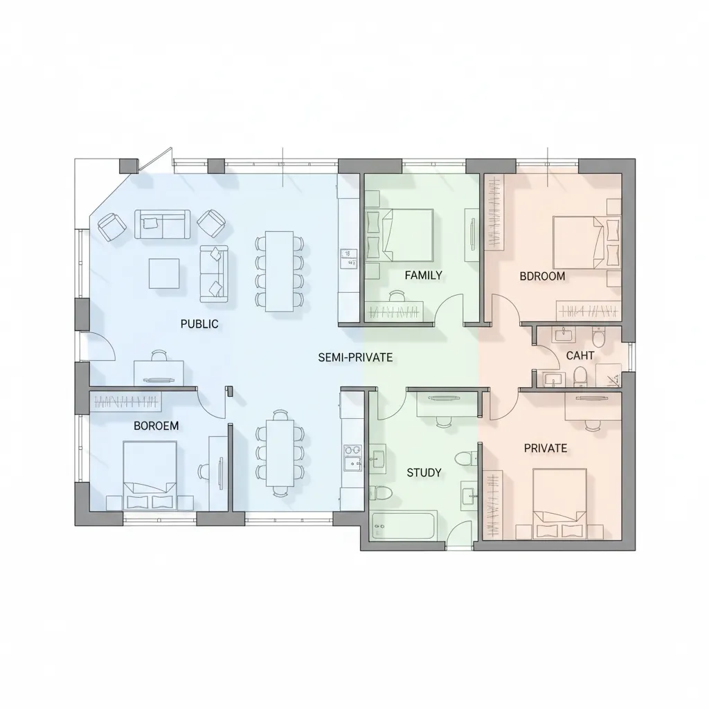 Colorful floor plan showing room layout with blue green and pink zones for an apartment
