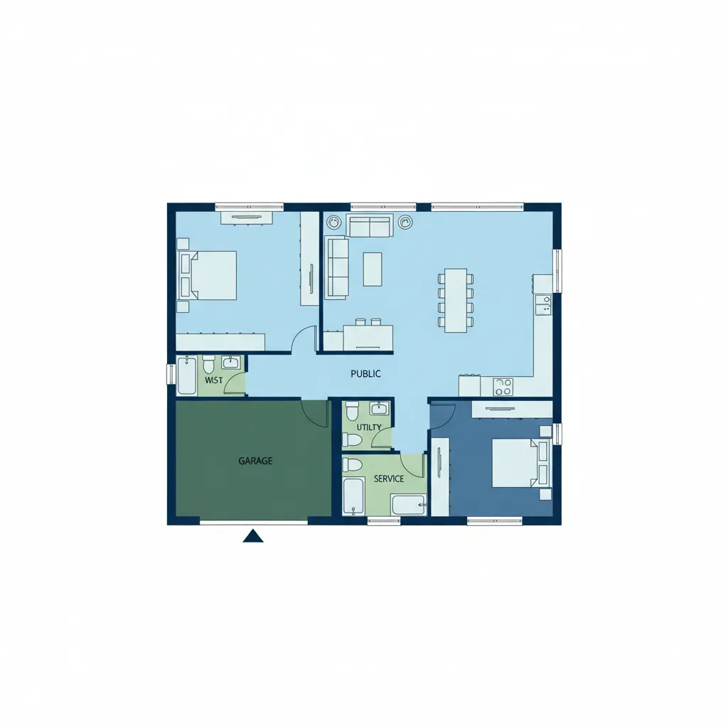 Diagram pembagian zona rumah satu lantai