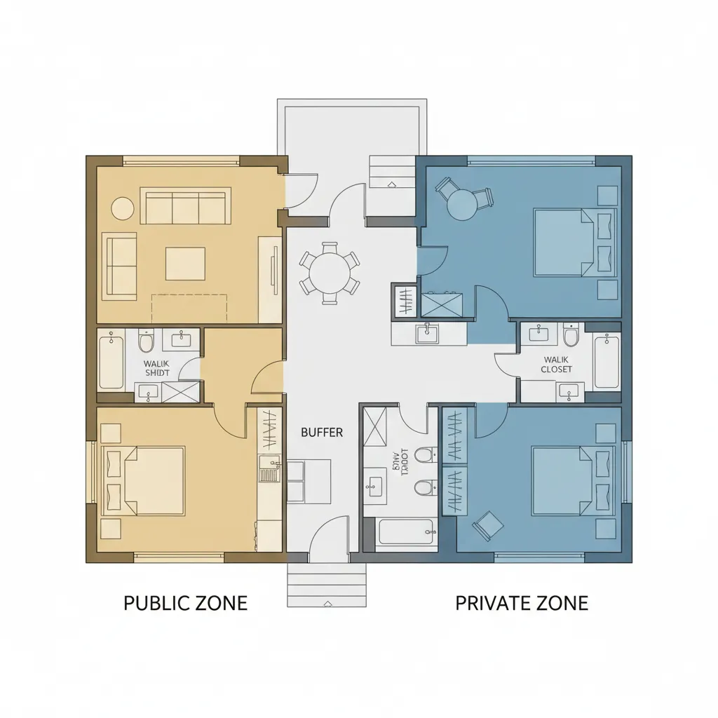 Floor plan drawing showing zoning with public living areas in yellow and private bedroom zones