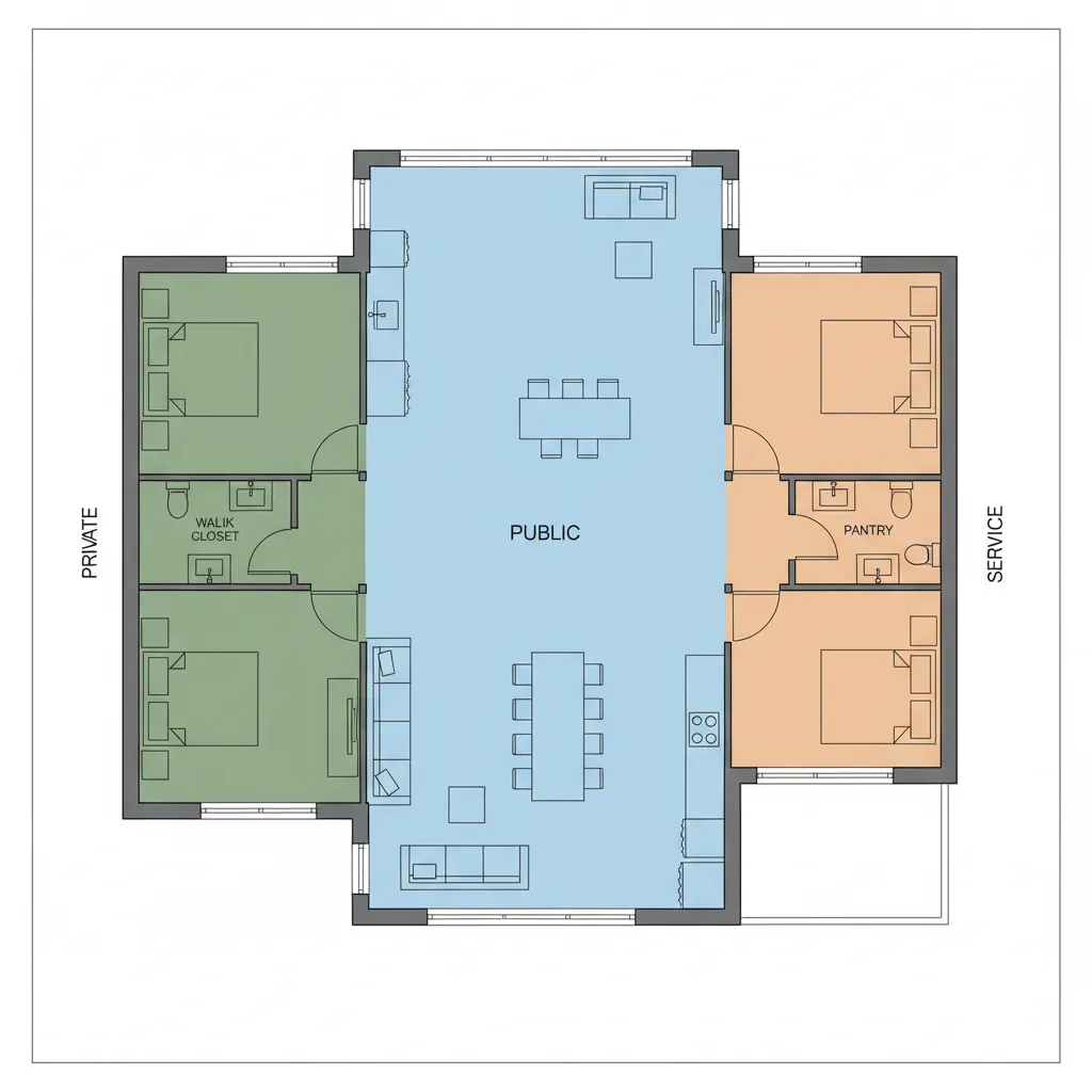 Floor plan room layout diagram divided into private public and service zones with different color labels