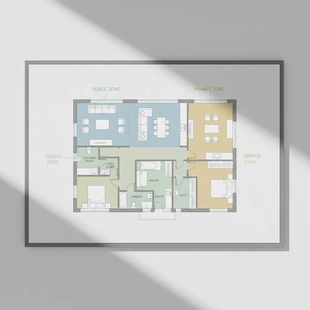 Interior design drawing showing colored zones for public, private, and service areas in home layout