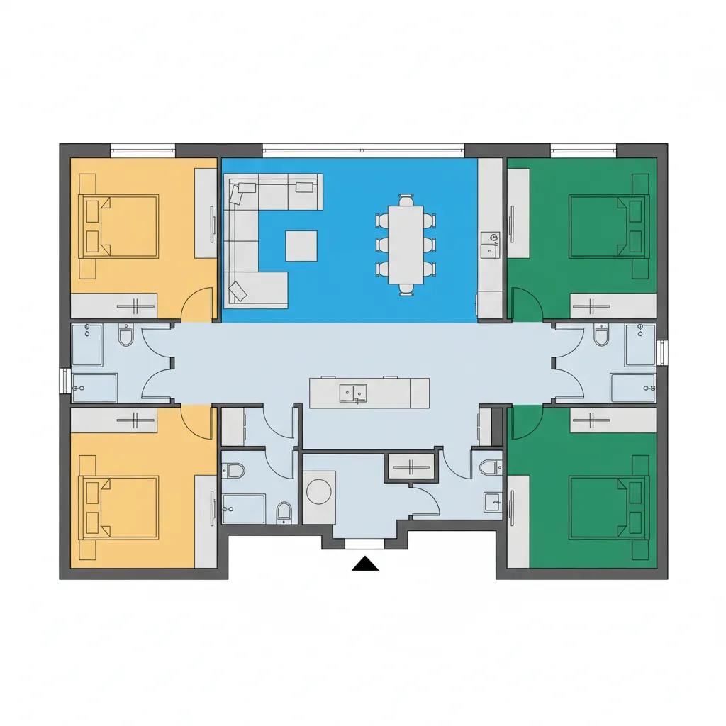Colored 2D floor plan layout showing four bedrooms and a central living and dining area