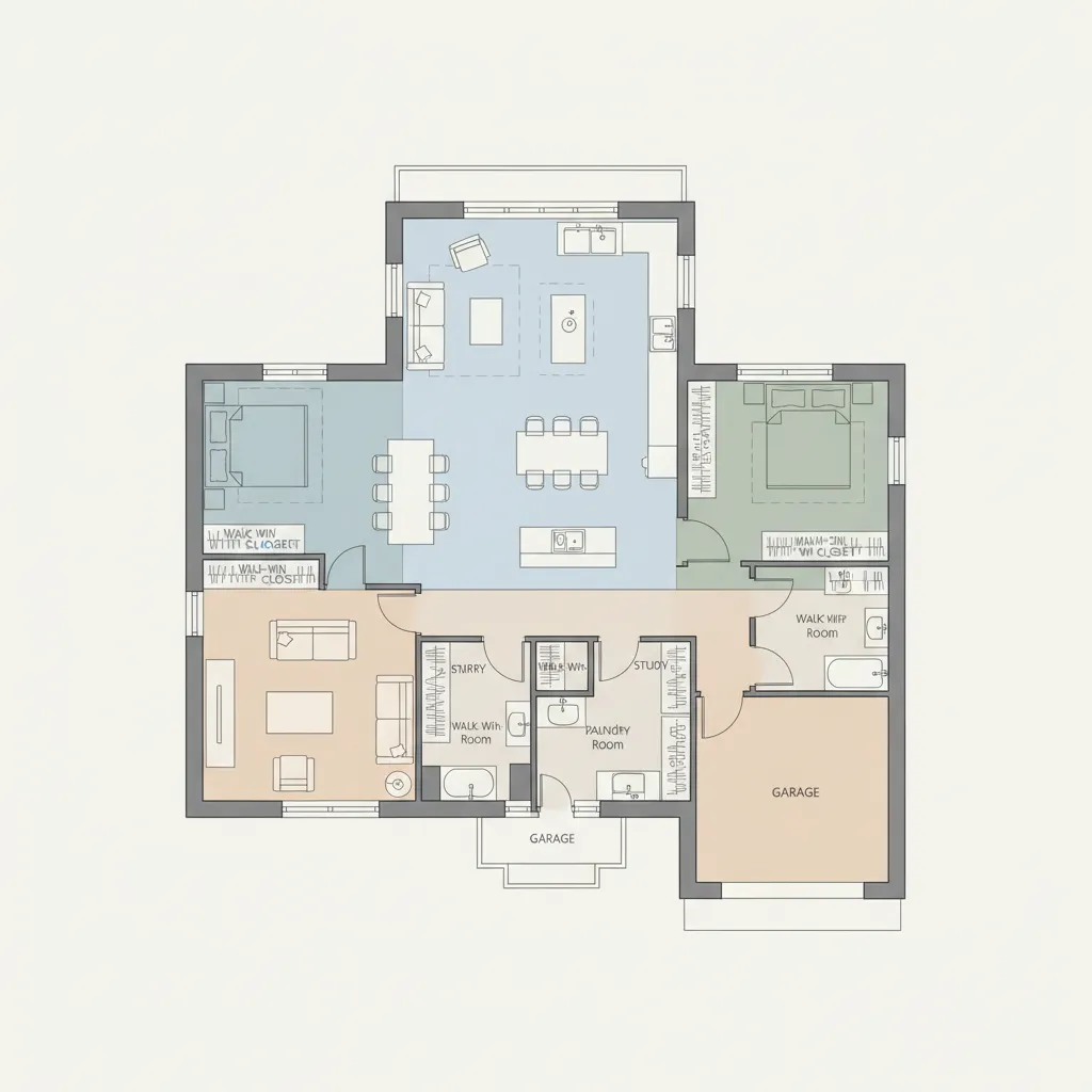 Interior design drawing showing room layout with color coded zones for living dining and bedroom