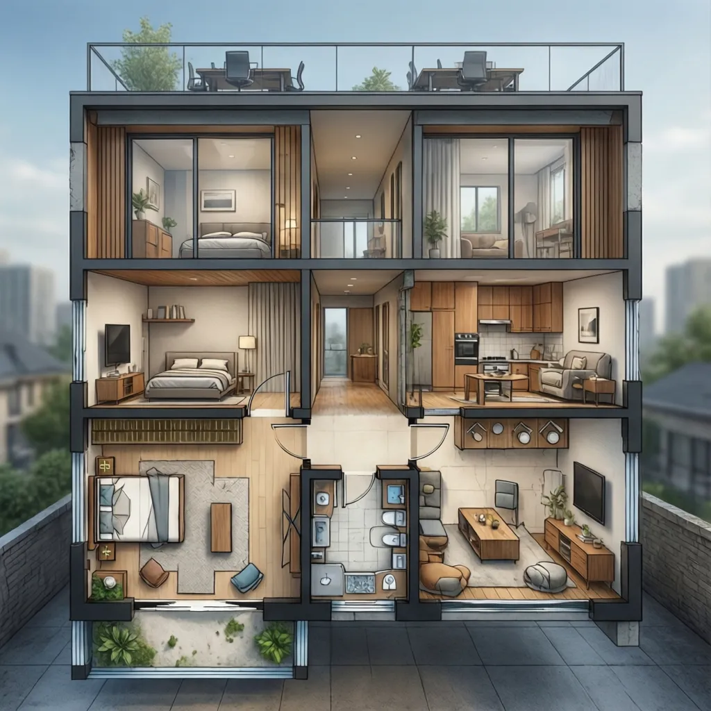 Diagram pembagian zona rumah tiga lantai