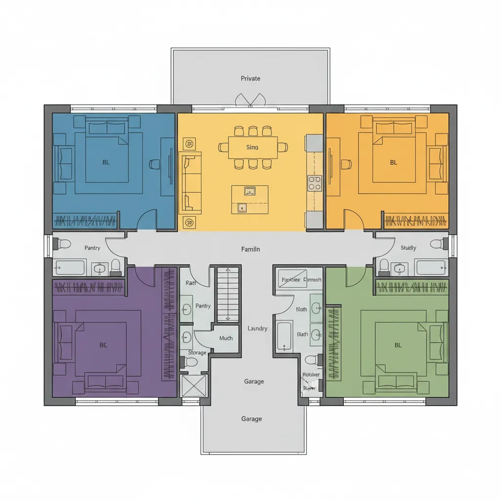 Color coded 2D floor plan layout for a large house with four bedrooms and garage