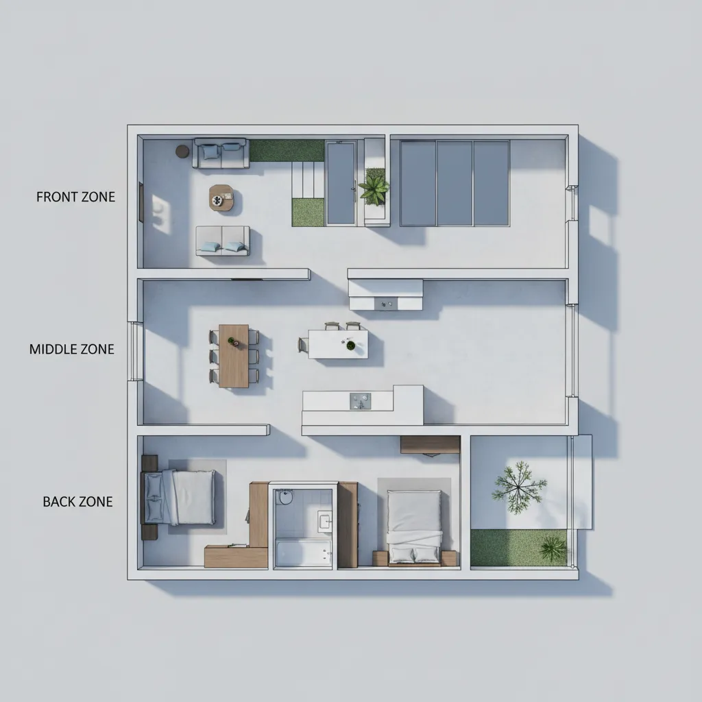 Interior design drawing showing front middle and back zones with two bedrooms and living area