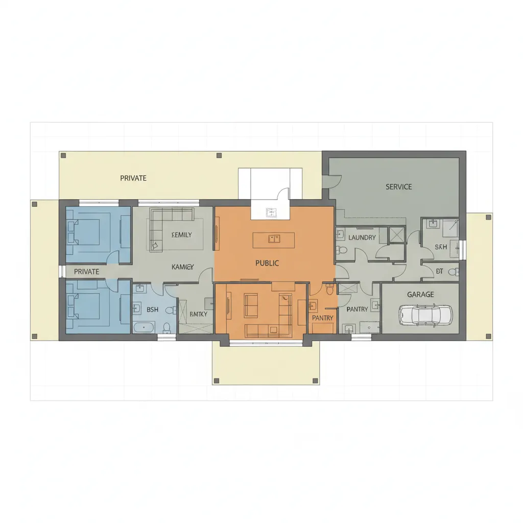 Diagram zonasi rumah dengan area publik privat dan servis