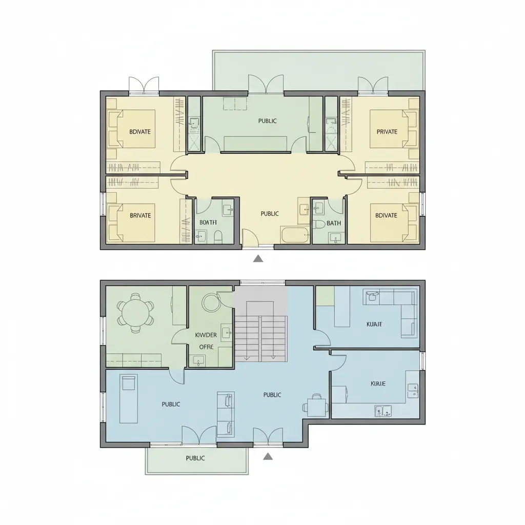 Two story floor plan layout with color coded zones for public and private room areas