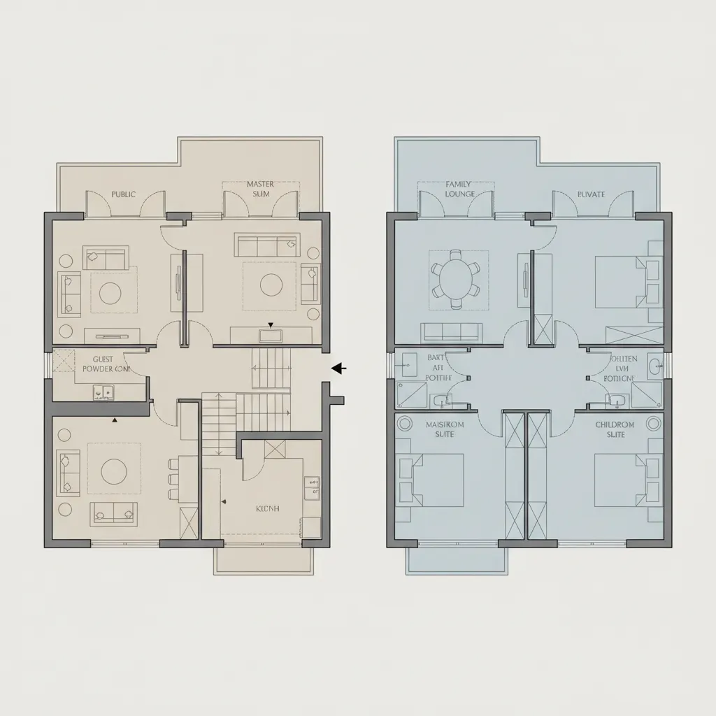 Two side by side floor plan layouts showing public and private zones for house interior design