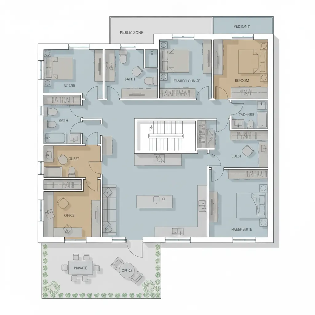 Diagram pembagian zona rumah dua lantai