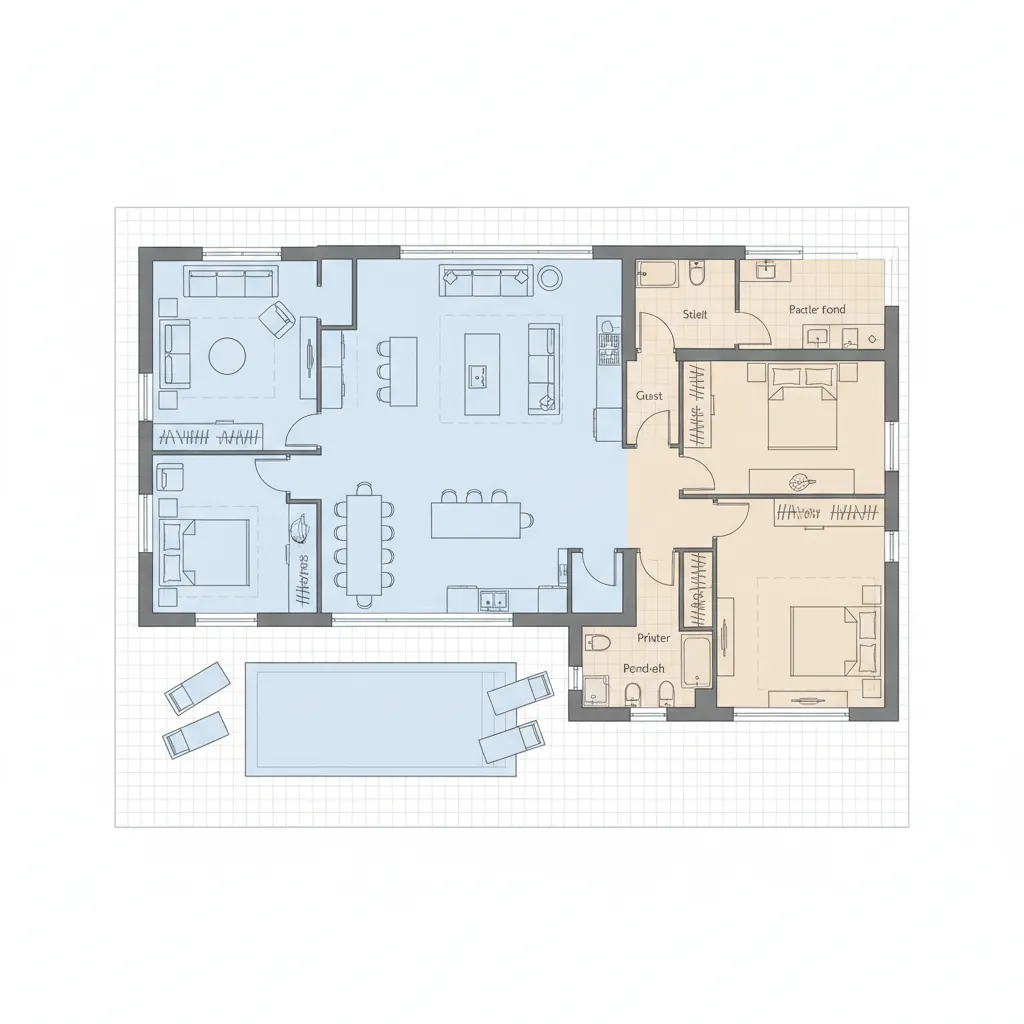 Ilustrasi zonasi ruang dalam denah rumah mewah satu lantai