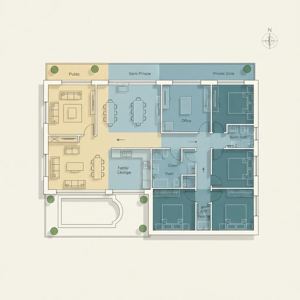 Color coded house floor plan showing public, private and semi private zones with furniture labels