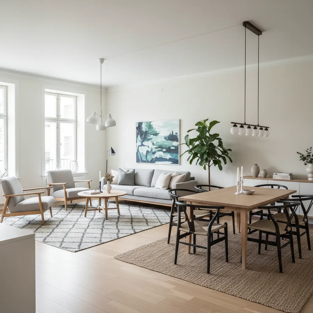 Open plan living room and dining area with grey sofa wooden table and black chairs