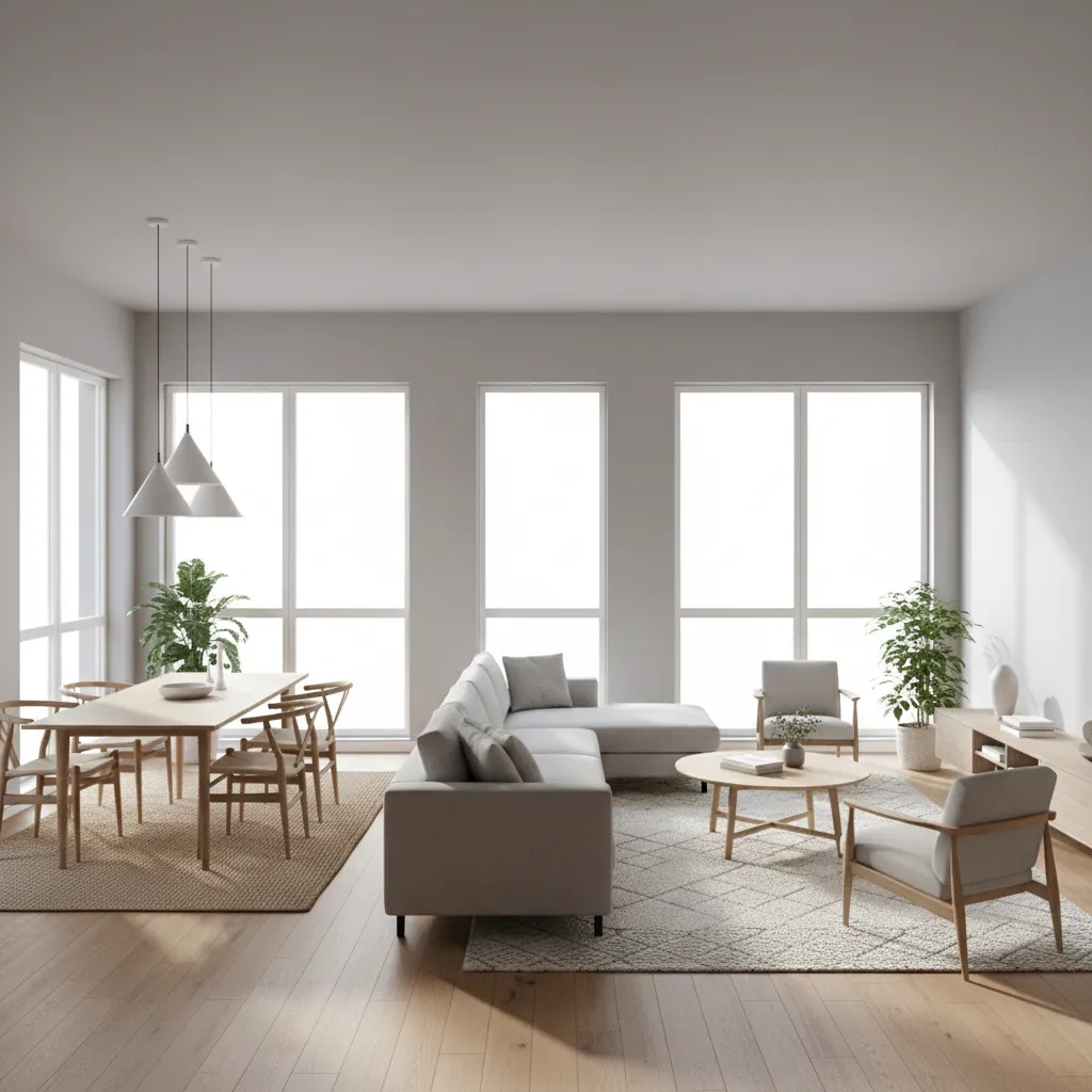 Furniture and rug zoning in an L shaped living dining room