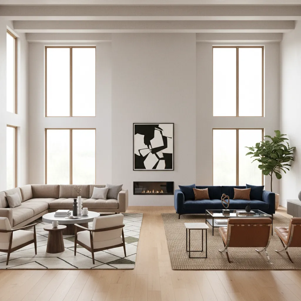 large living room zoning using rugs and furniture orientation