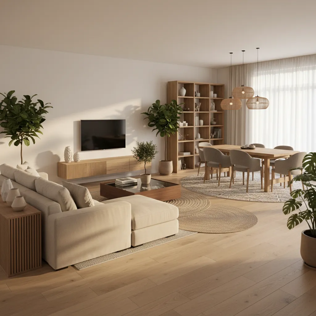 Salón de planta abierta dividido en zonas de estar y comedor.