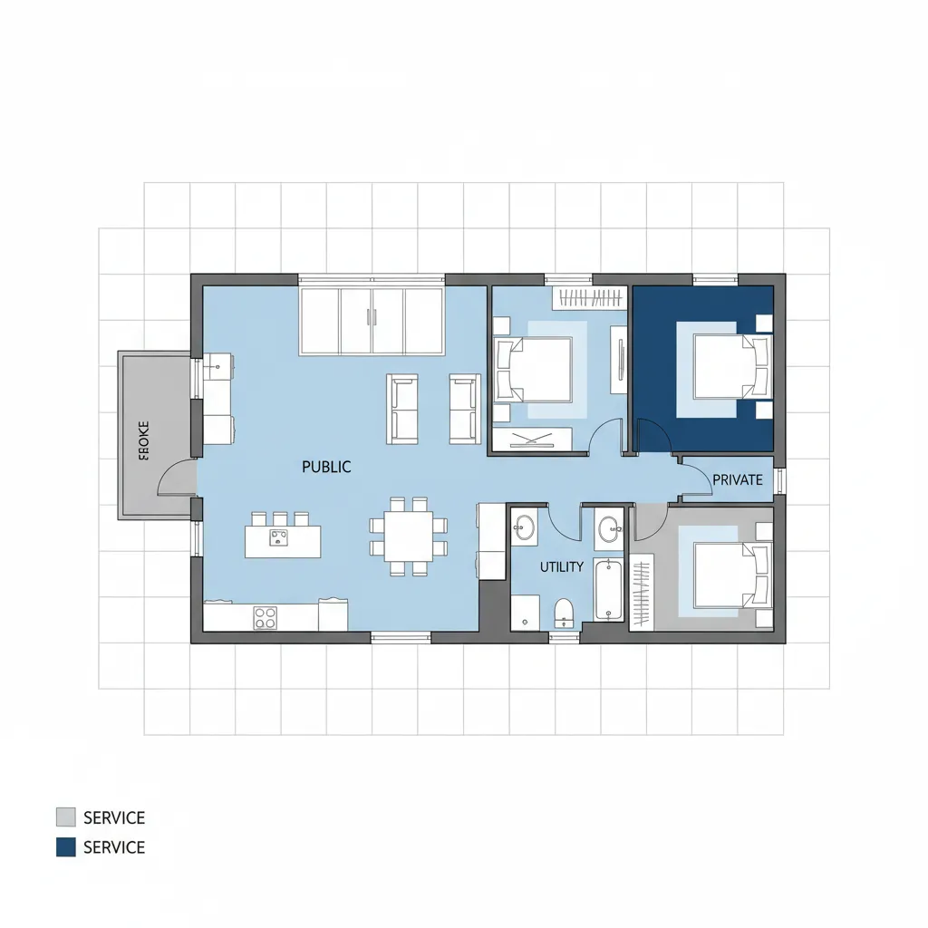 Room layout showing color coded zones for public living areas private bedrooms and utility spaces