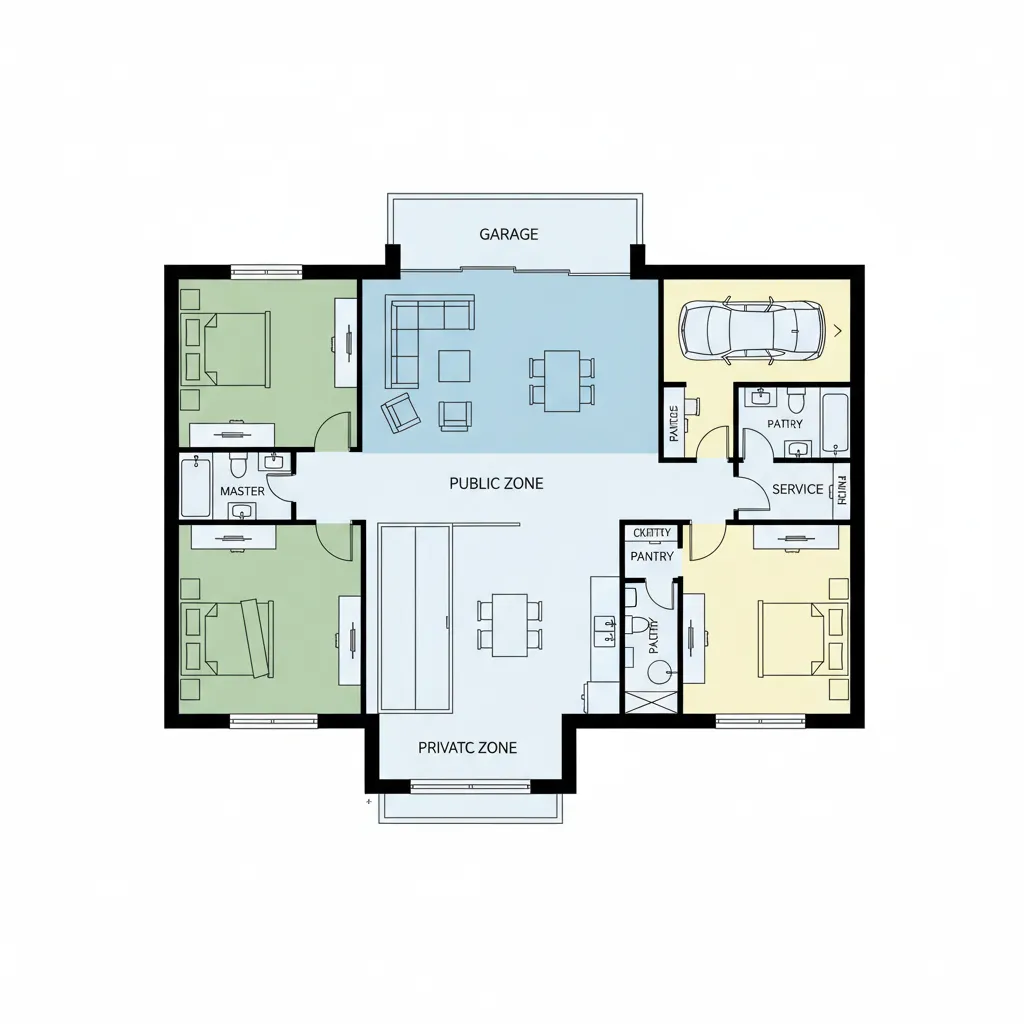 Diagram pembagian zona rumah satu lantai