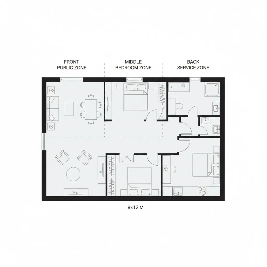 Floor plan layout showing public living area bedroom zone and service zone with simple furniture