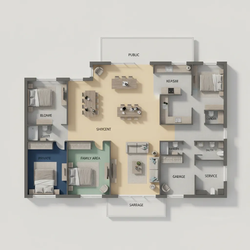 Top down 3D room layout with colorful zones showing bedrooms kitchen living area garage furniture