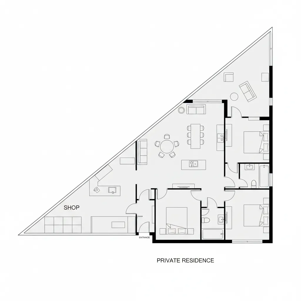 Triangular room layout showing a shop area and a private residence with three large bedrooms