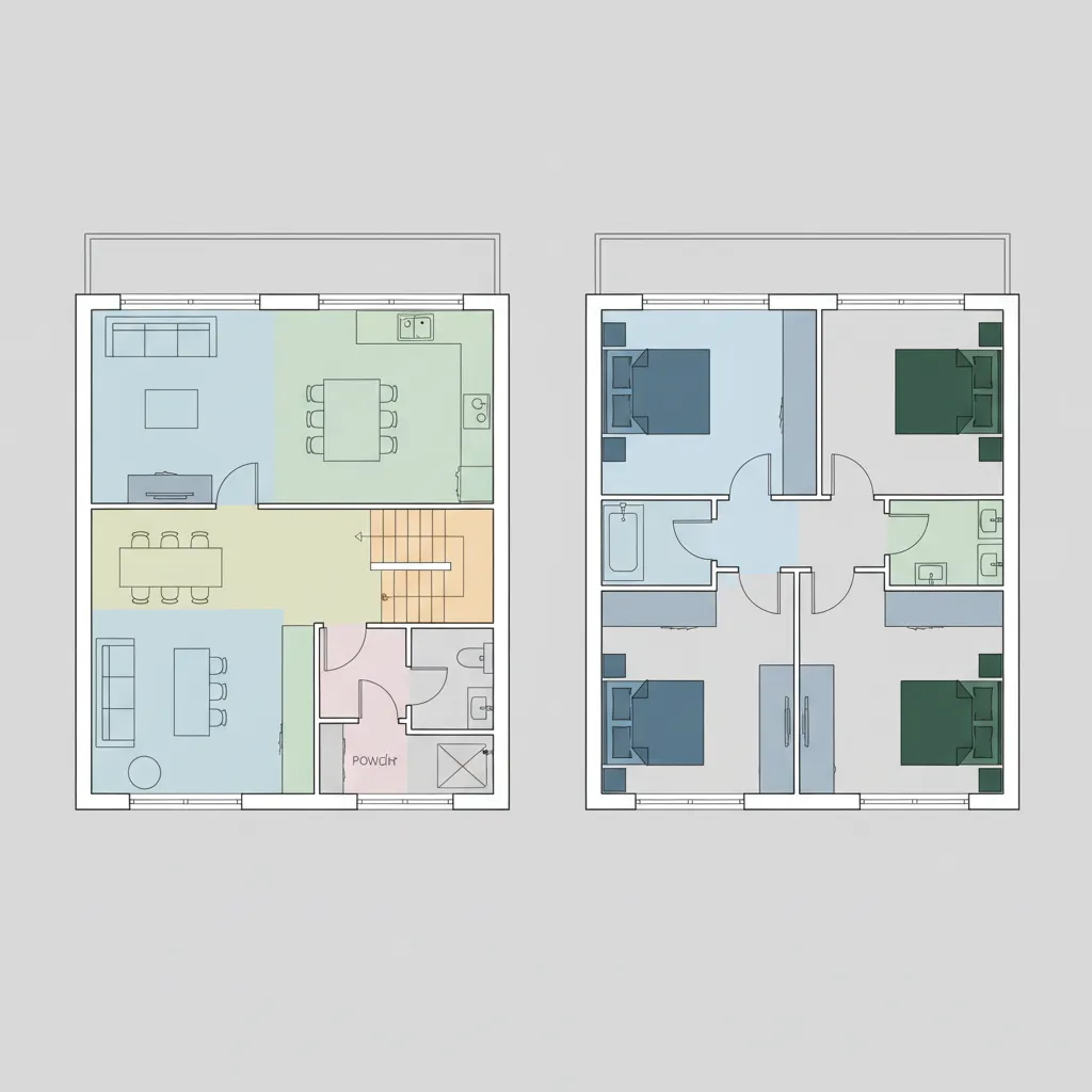 Colored room layout drawing of a two story house showing kitchen stairs and four bedrooms