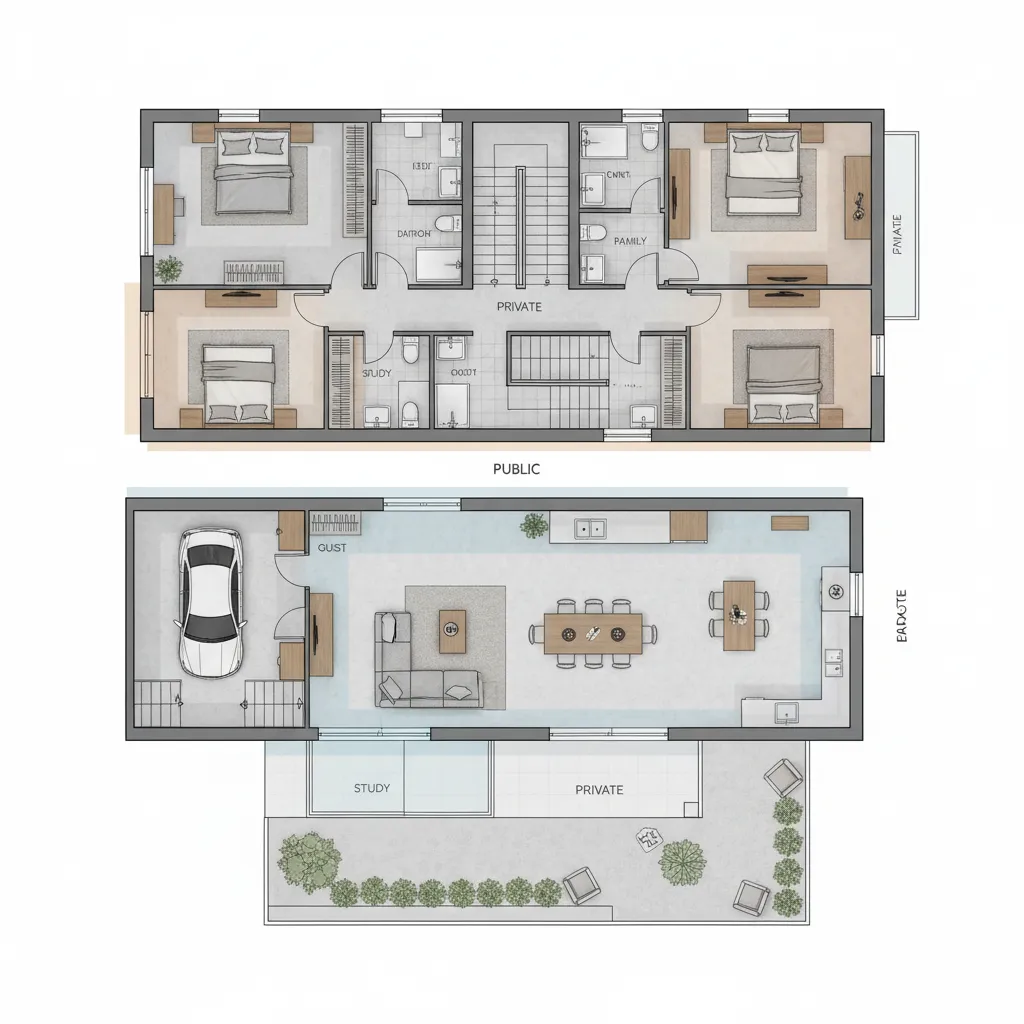 Diagram pembagian zona rumah dua lantai