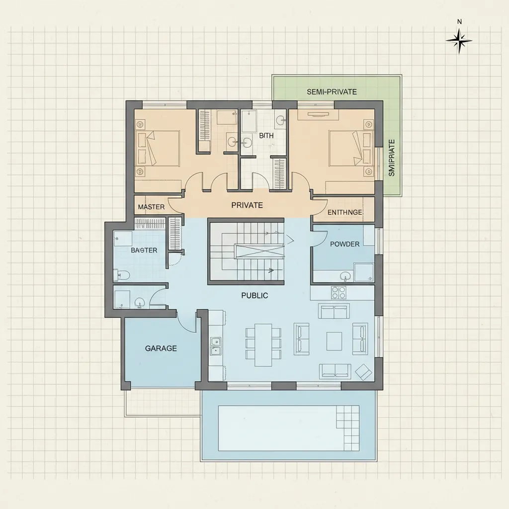 Colored house floor plan showing bedrooms, garage, public living area, stairs, and swimming pool