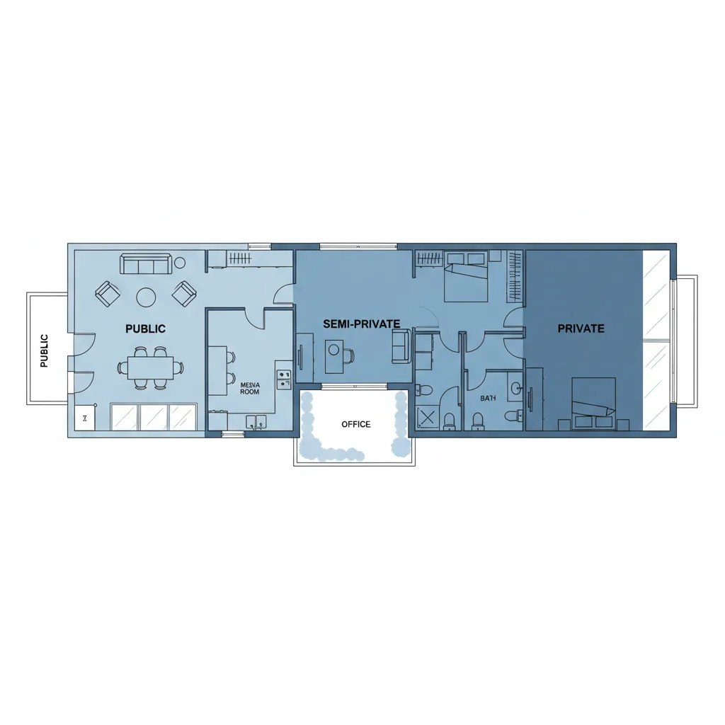 Interior design drawing of room layout with public private and office zones for a house