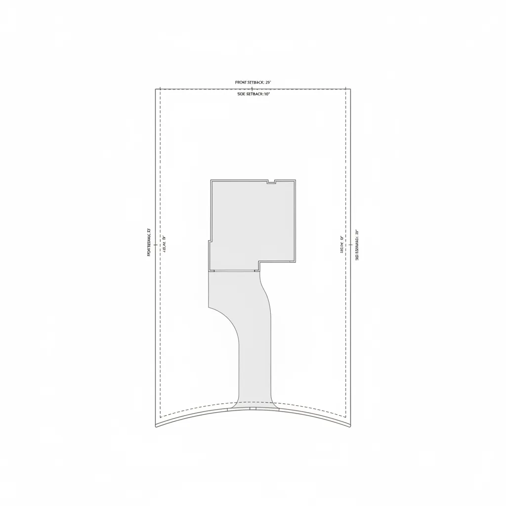 Residential lot layout diagram showing zoning setbacks around a house footprint