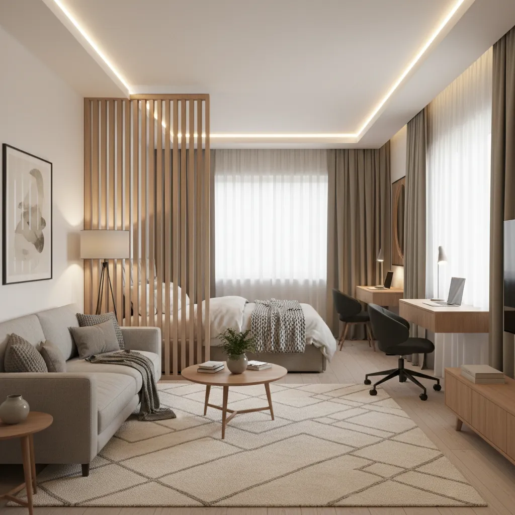 Zoned studio apartment with sleeping and living areas defined