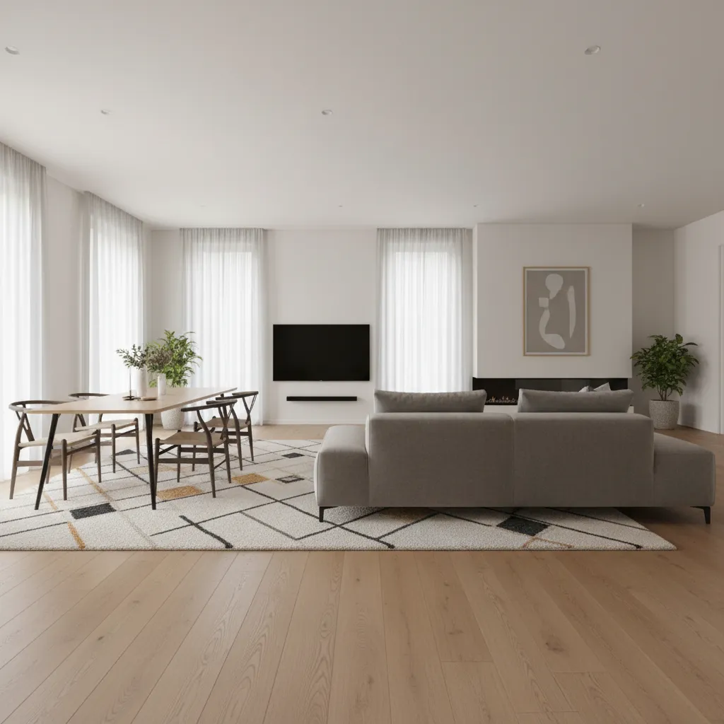 Modern living room with grey sofa patterned rug wooden floor wall mounted television and white curtains