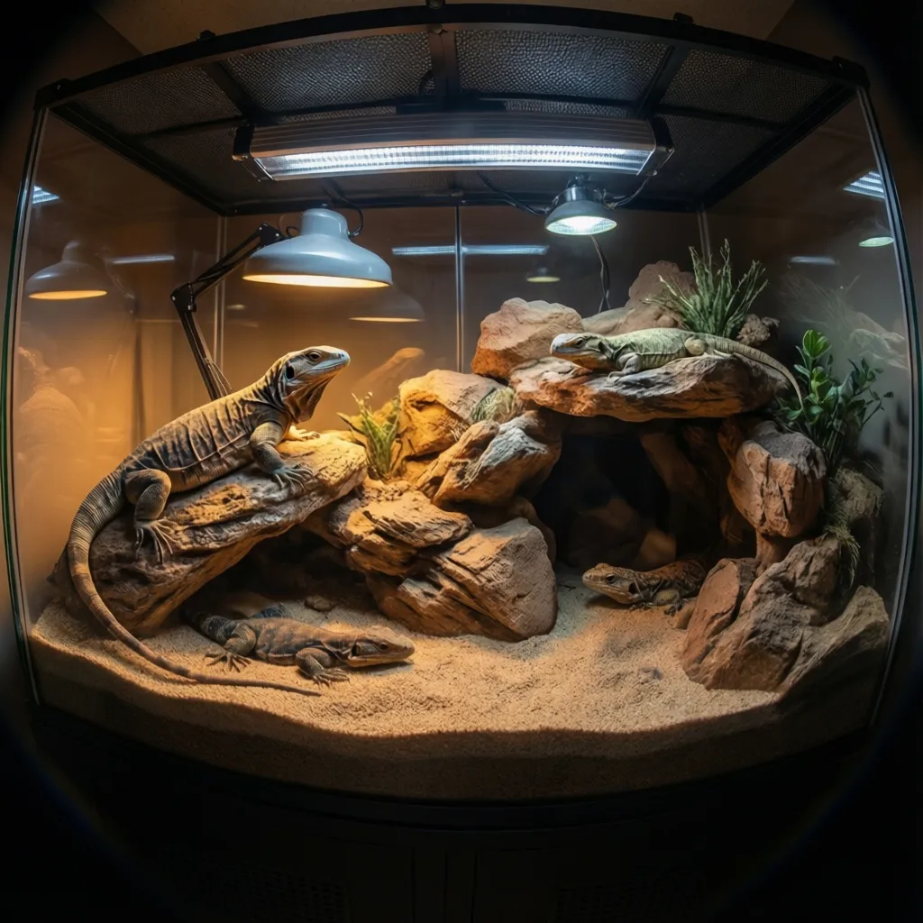 Zoo reptile habitat with UVB basking lights and natural rock structures