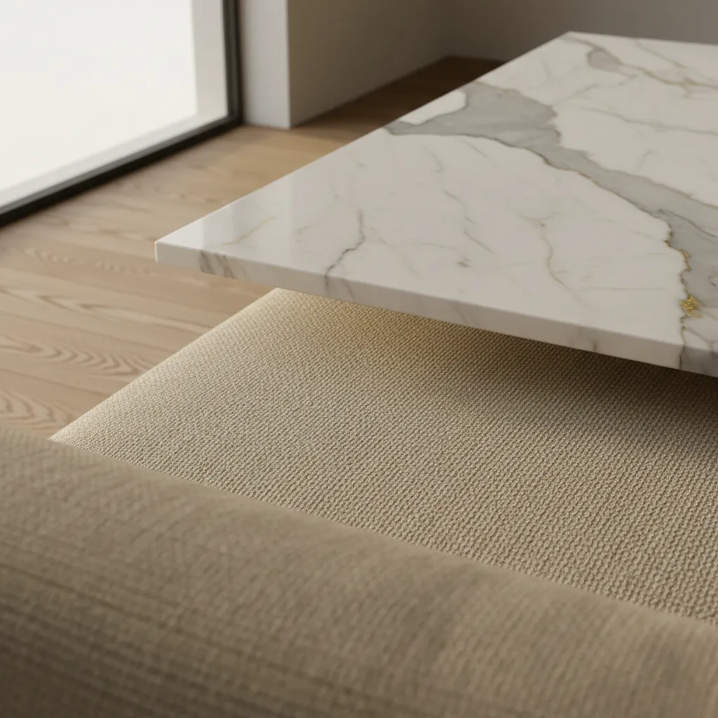 zoomed interior wallpaper showing fabric weave marble and wood grain texture clarity